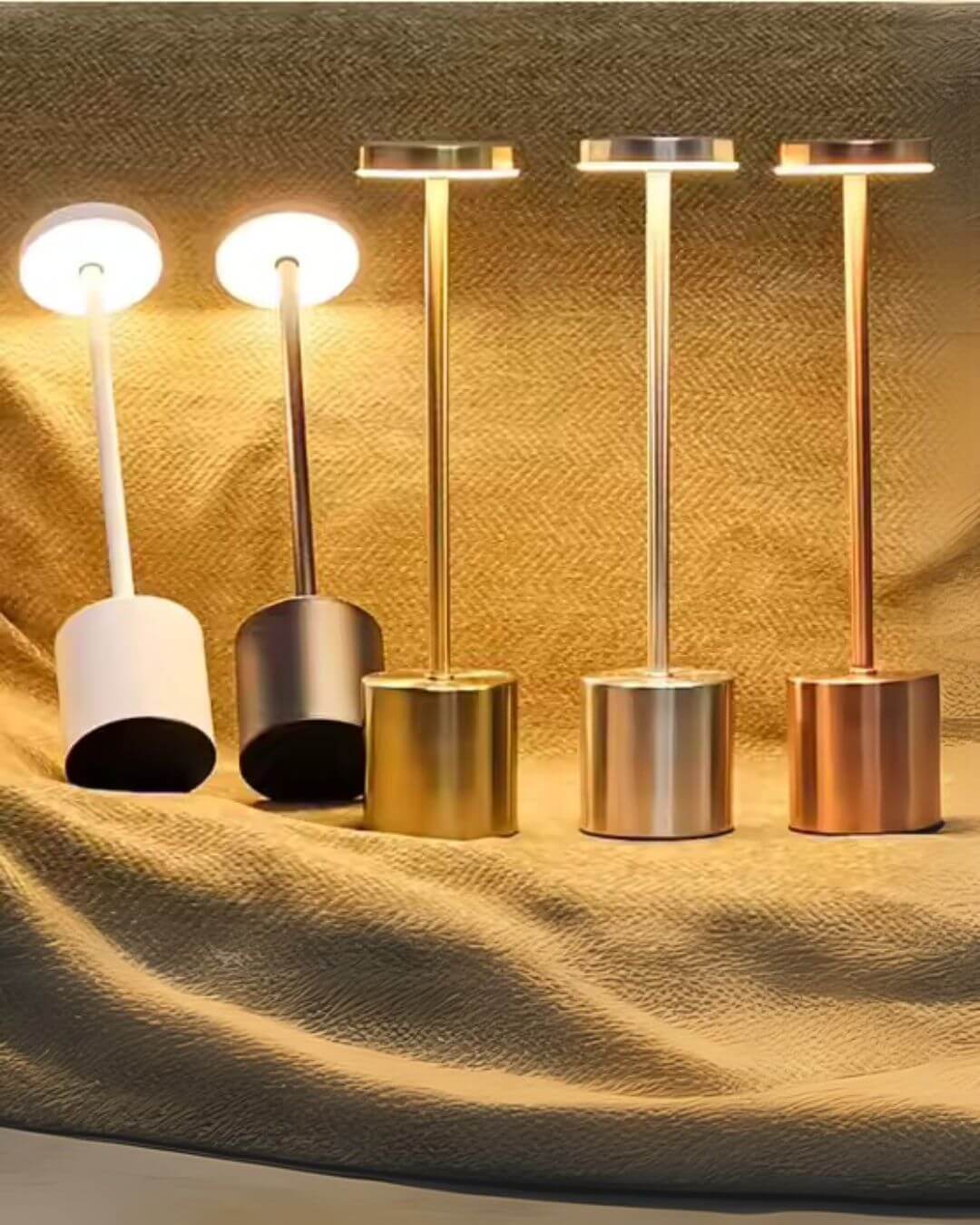 LumiHikari Scandinavian Lamp collection in white, black, gold, silver, and rose gold with minimalist design and warm ambient light.