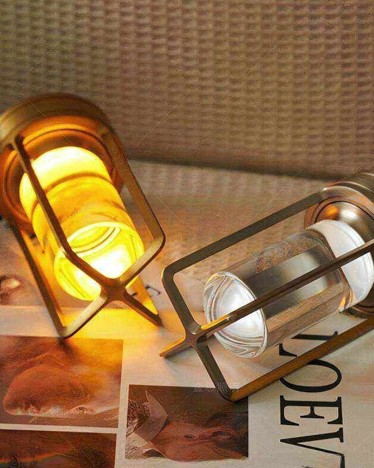 LumiHikari Crystal Lantern with faceted glass body emitting warm glowing light, showcasing minimalist metal frame design.