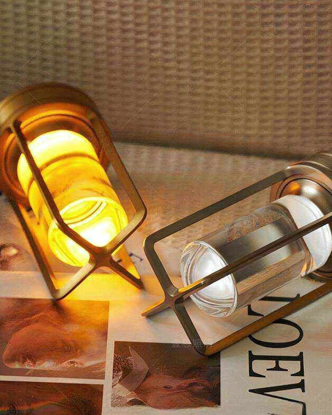 LumiHikari Crystal Lantern with faceted glass body emitting warm glowing light, showcasing minimalist metal frame design.