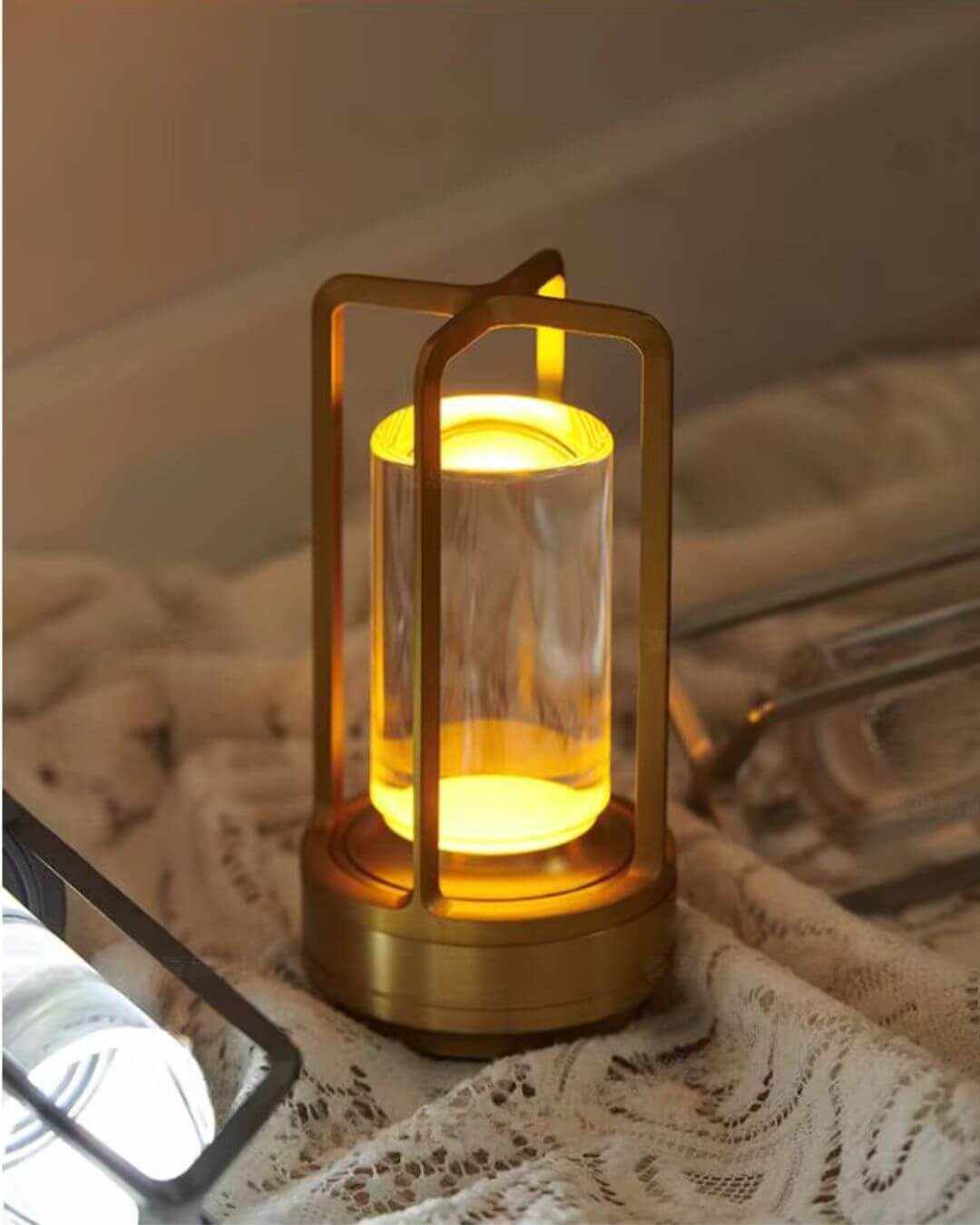 LumiHikari Crystal Lantern with warm glowing faceted crystal and minimalist golden frame illuminating bedside ambiance
