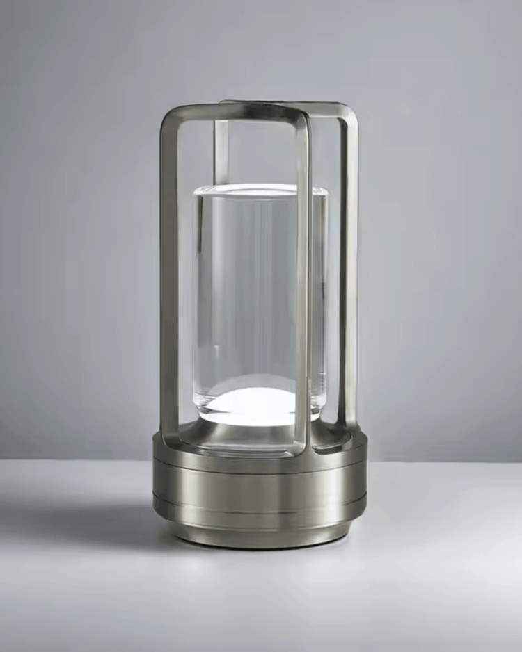 LumiHikari Crystal Lantern with aviation-grade aluminum frame and minimalist cordless design emitting soft ambient light