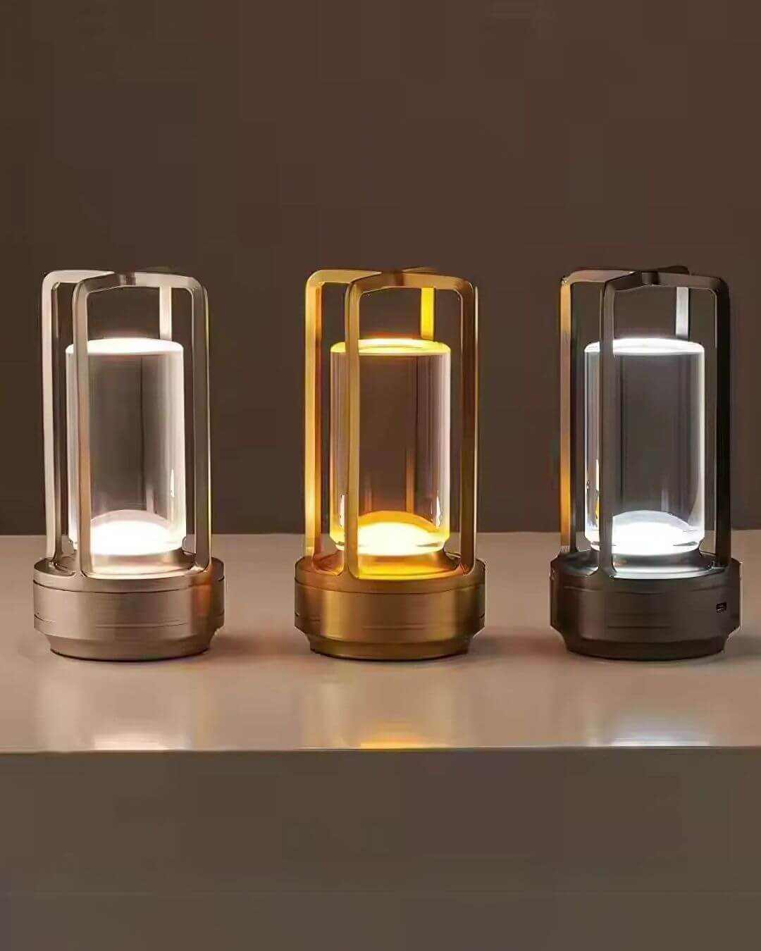 Three LumiHikari Crystal Lanterns in cool white, warm white, and neutral blend light modes on a flat surface